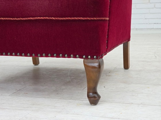 Image 1 of 1960s, Danish highback wingback armchair, cherry-red furniture velour.