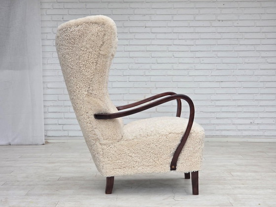 1960s, Danish high-back armchair, genuine sheepskin, reupholstered. – Wood (photo 16 of 22)