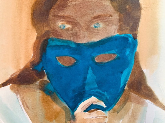 Quadro firmato, ritratto femminile al Carnevale di Venezia « La maschera blu », Dipinti e disegni, Carta (foto 7 di 10)