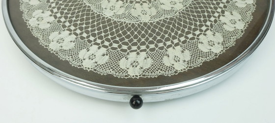 Image 1 of large rotating TRAY with fine crochet doily under glass wood and chrome 1930s