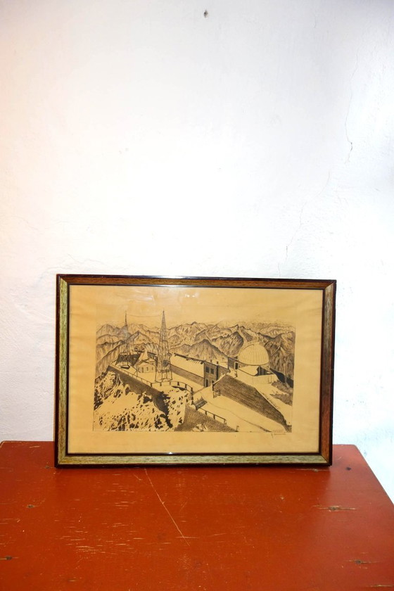 Image 1 of large 1943 signed drawing of pyrenees observatory * framed architectural mountain art * vintage wall decor