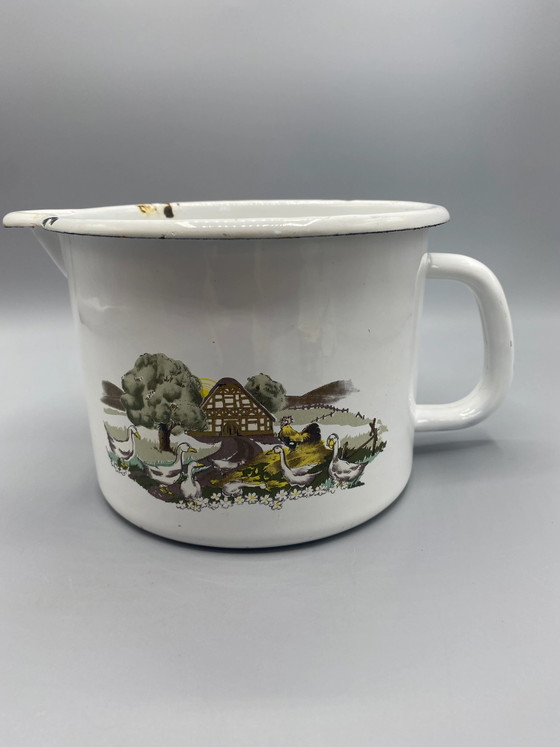 Cafetière en émail – Décoration champêtre avec oies et maisons à colombages – Objets déco, 1980 (photo 4 of 10)