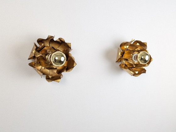 Image 1 of Paire d'appliques murales florales en métal doré, Hans Kögl, années 1970