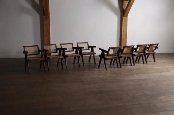Set van 8 Pierre Jeanneret bureaustoelen van riet, India, jaren 1950. – Eetkamerstoelen, Wood (photo 16 of 20)