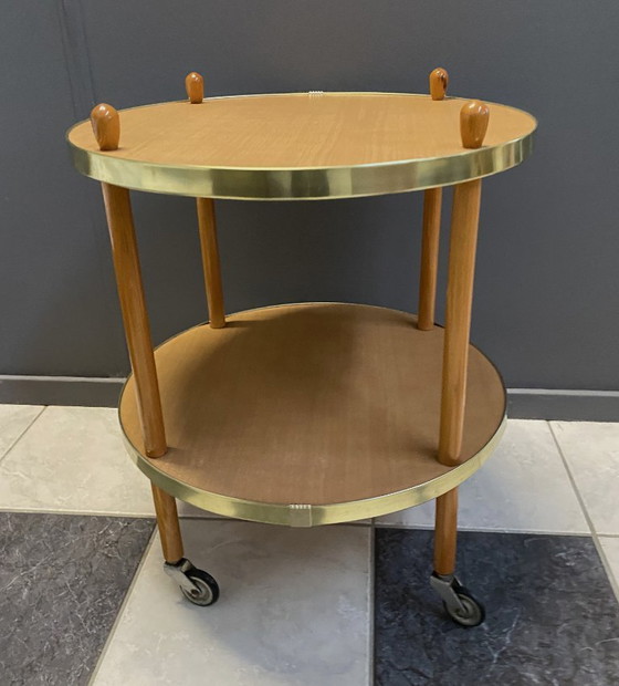 Image 1 of Wood Round Serving Trolley Side Table 1960s