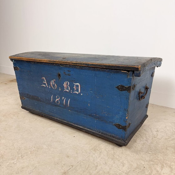 Baule antico dipinto di blu del 1871, Armadi contenitori, Legno, Metallo, Vintage (foto 4 di 15)