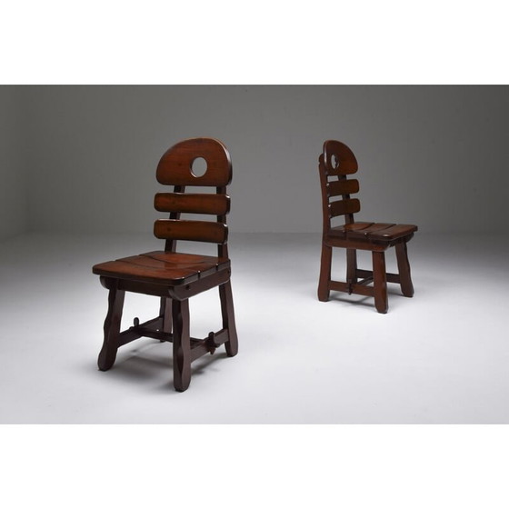 Image 1 of Rustic modern brutalist vintage dining room set in stained oak, Belgium 1970