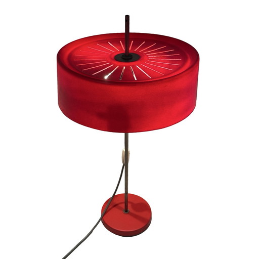 MCM Table Lamp - Red Table Lamp - Adjustable Height - Czechoslovakia, 1960’s - Plastic Shade, Double Bulbs