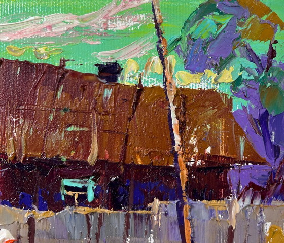 Image 1 of Original Oil Painting Evening Village Landscape The sky at dusk
