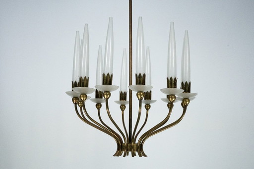 Raro Angelo Lelii per Arredoluce, lampadario a 12 luci, Italia 1953