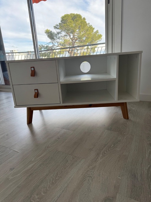 Scandinavian-style white and wood corner TV unit with drawers