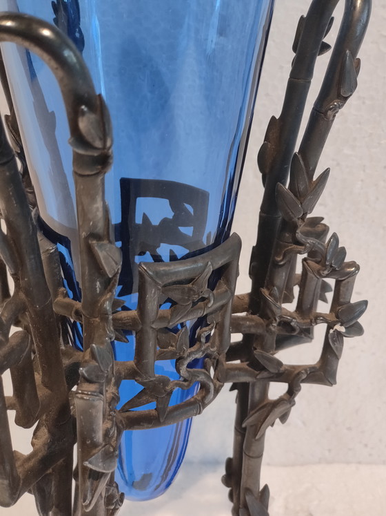 Image 1 of Jarrón Christofle de estilo japonés, monoflore de bambú en vidrio craquelado y "bambú" de bronce plateado.