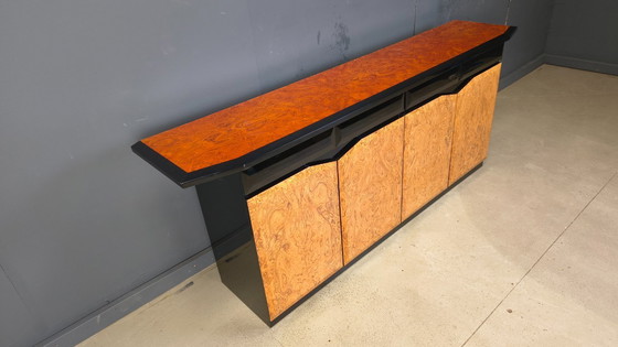 Image 1 of Vintage lacquer and burl wood credenza, 1980s