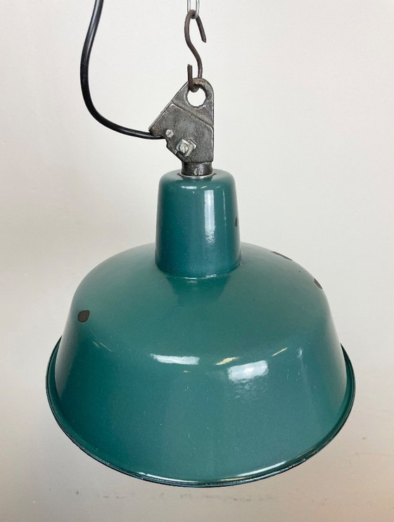 Image 1 of Industrial Petrol Enamel Factory Lamp with Cast Iron Top, 1960s