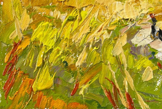 Image 1 of Origineel olieverfschilderij: Zomers veldlandschap, de kleuren van de oogst.