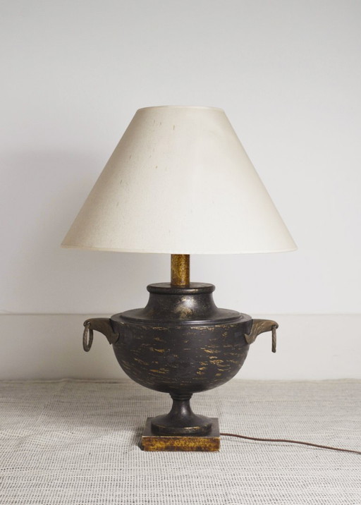  Italian Neoclassical Amphora Table Lamp Black Patina Urn Base with Brass Handles Vintage Classical Lighting 