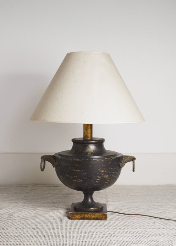 Image 1 of  Italian Neoclassical Amphora Table Lamp Black Patina Urn Base with Brass Handles Vintage Classical Lighting 
