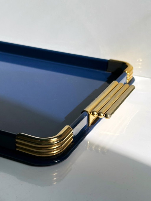 Hollywood Regency-stijl dienblad uit de jaren 80, blauw verguld CL-ontwerp, vintage