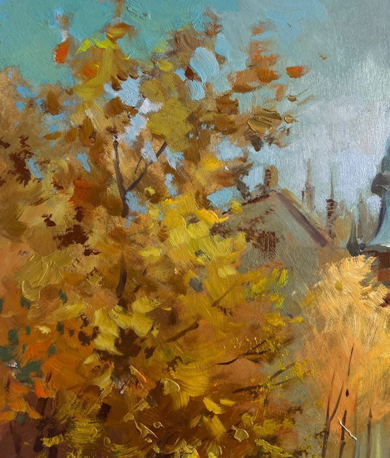 Image 1 of Original Oil Painting Autumn City Landscape Autumn in the heart of the city