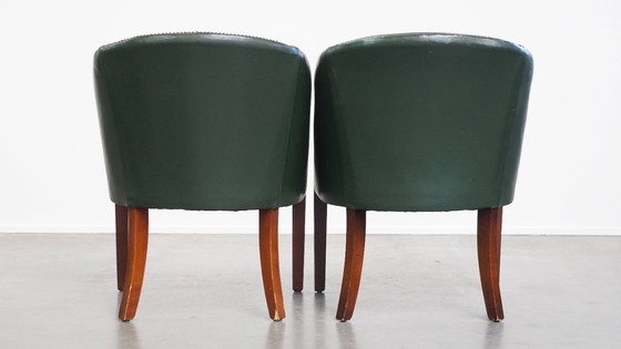 Image 1 of 2 x Beistell-/Ess-/Bürostuhl aus grünem Rindsleder und Holz im englischen Stil