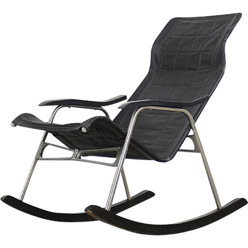 Sedia a dondolo vintage postmoderna in pelle nera di Takeshi Nii, anni '50