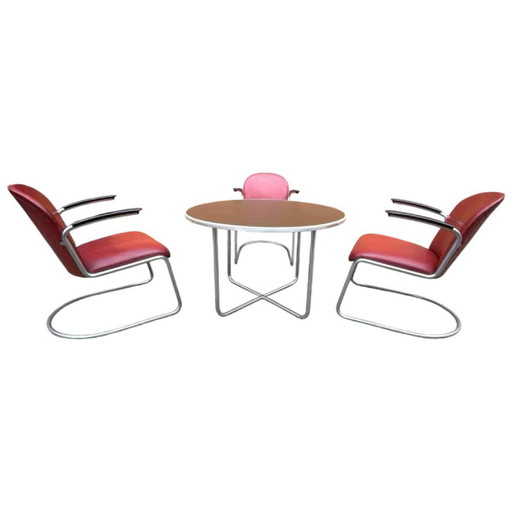 Table Bauhaus avec fauteuils en tube d'acier par Willem Hendrik Gispen, 1930, Set de 3