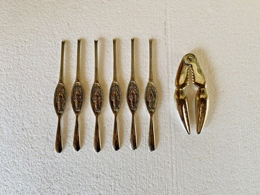 Vintage, Silver-Plated Lobster Forks & Cracker by Silea, Set of 7
