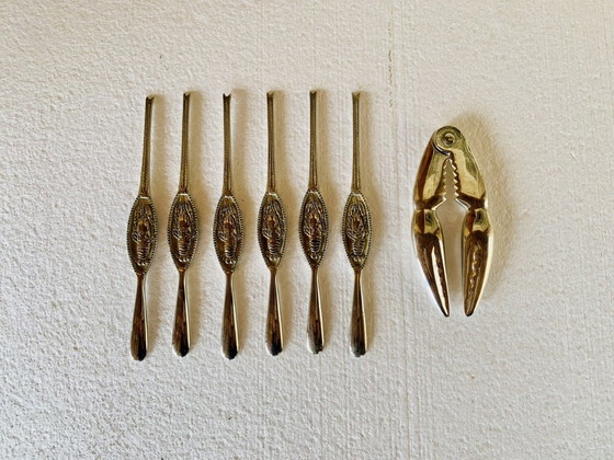 Image 1 of Vintage, Silver-Plated Lobster Forks & Cracker by Silea, Set of 7