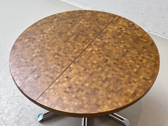 Dieter Wäckerlin Extendable Table – Wood Mosaic & Chrome, Switzerland, 1960s – Dining tables, Vintage (photo 11 of 13)