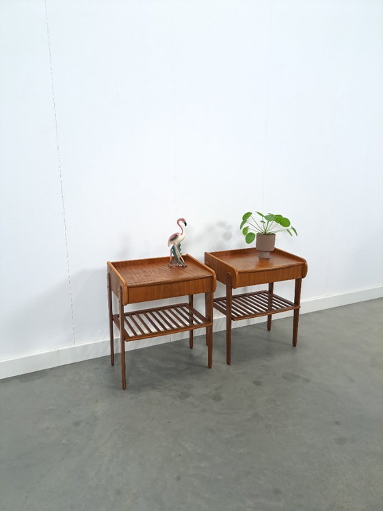 Image 1 of Teak veneer bedside table set with drawer from Sweden