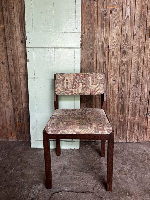4 Vintage houten stoelen met grafische stoffering – eetkamerstoelen, Textile, Wood