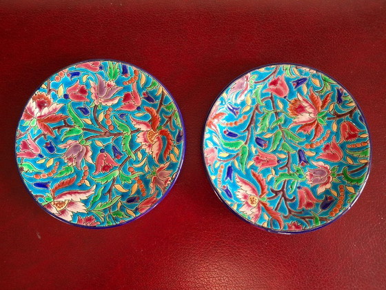 Image 1 of Tête à tête, Set bestehend aus 2 Teetassen und Untertassen aus Longwy-Emaille