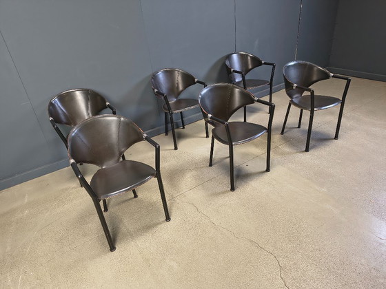 Image 1 of Set aus 6 Leder-Esszimmerstühlen von Segis Italy, 1980er Jahre