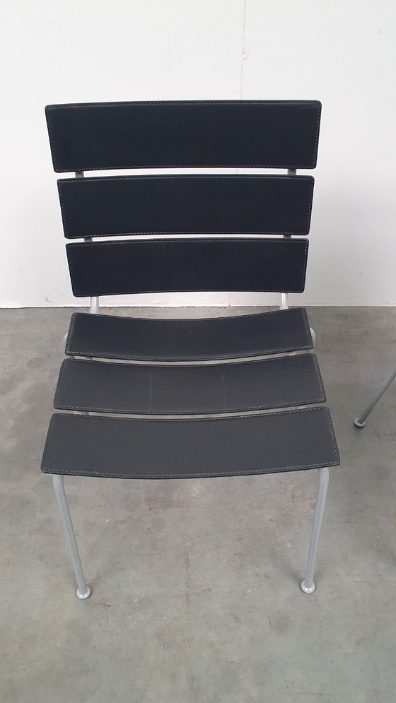 Image 1 of 4x Giancarlo Vegni Fasem Italia Stripe Zadelleer Vintage Stoelen Design