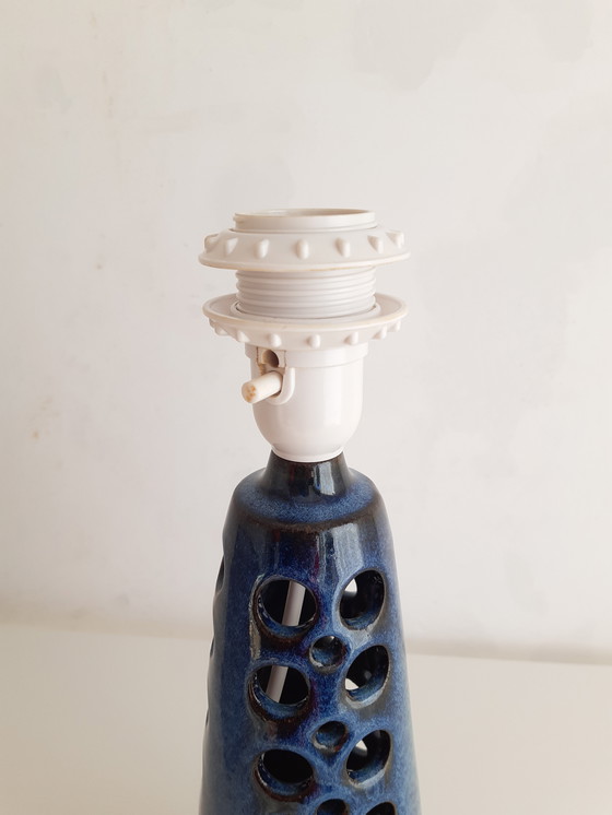 Image 1 of Beautiful Table Lamp With Blue Vintage Lamp Base By Michael Andersen, Scandinavian Design And Handmade Gray Blue Lampshade
