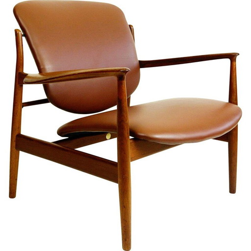 Danish vintage teak and brown leather armchair by Finn Juhl for France and Son