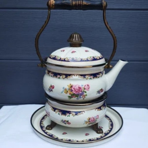 ASTA Fissler enamel set teapot, teapot warmer, tray W. Germany