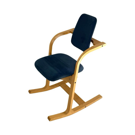 Peter Opsvik - Stokke - Actulum - Ergonomically Shaped Rocking Chair - Blue Velvet Upholstery and Wooden Frame