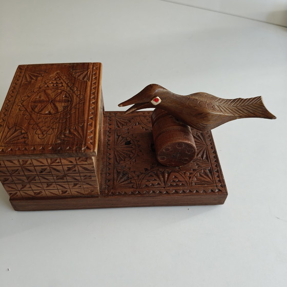 Image 1 of Hand-Carved Mechanical Bird Cigarette Dispenser | Folk Art Wooden Box | Working Mechanism