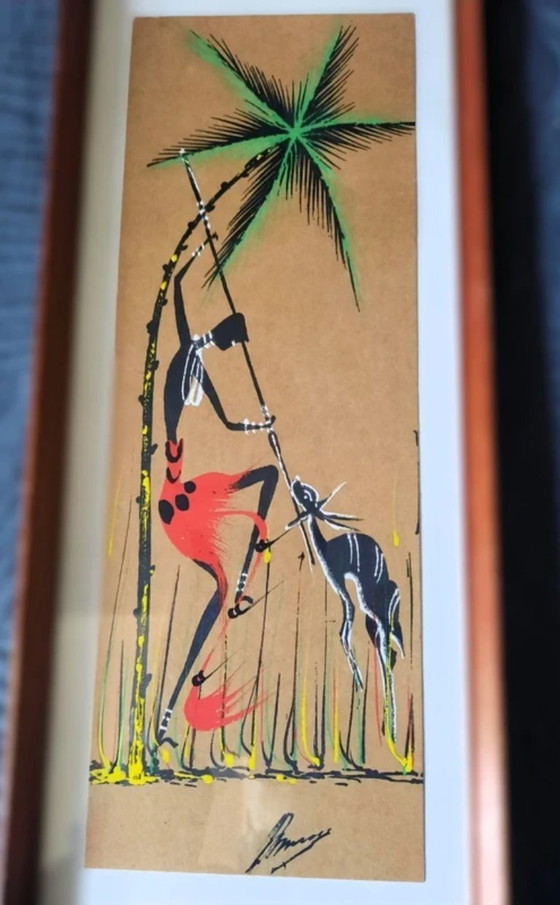 Image 1 of set of 2 gouache pieces Congo 1950 African art Hunting and Dance