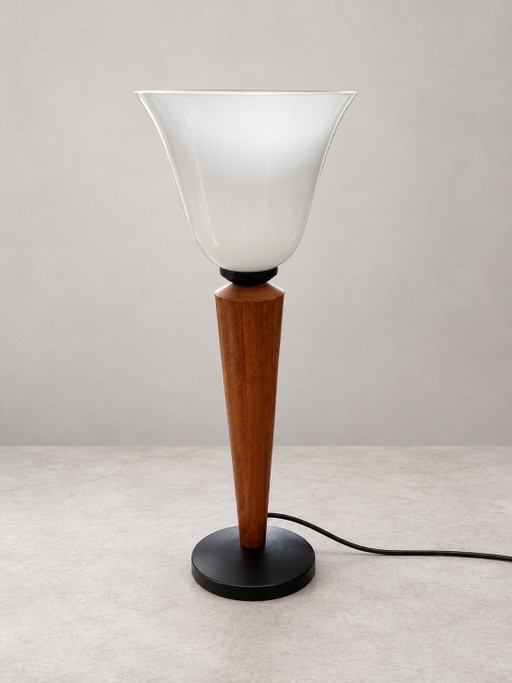 Große Vintage Philips Tischlampe mit Opalglas-Kelch & Holzfuß – 80er Jahre – tafellampen, Wood (photo 2 of 8)