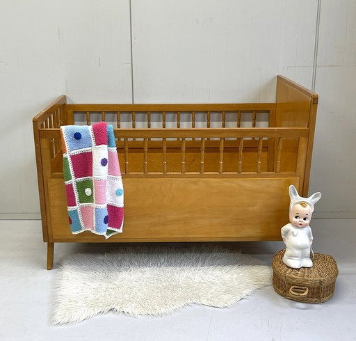 Vintage Sixties Cot Baby Bed Wood Slanted Leg