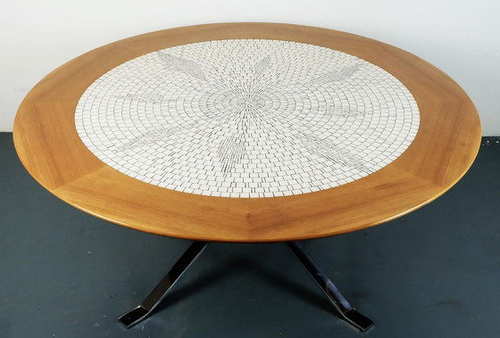 Image 1 of large round 60s mosaic tile top coffee table white mosaic walnut frame chrome base
