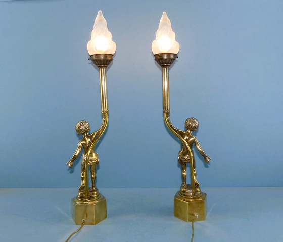 Image 1 of Set Vintage Table Lamps - Candlestick Figures With Flame Shaped Shade - Brass Bring Atmosphere And Class To Your Interior
