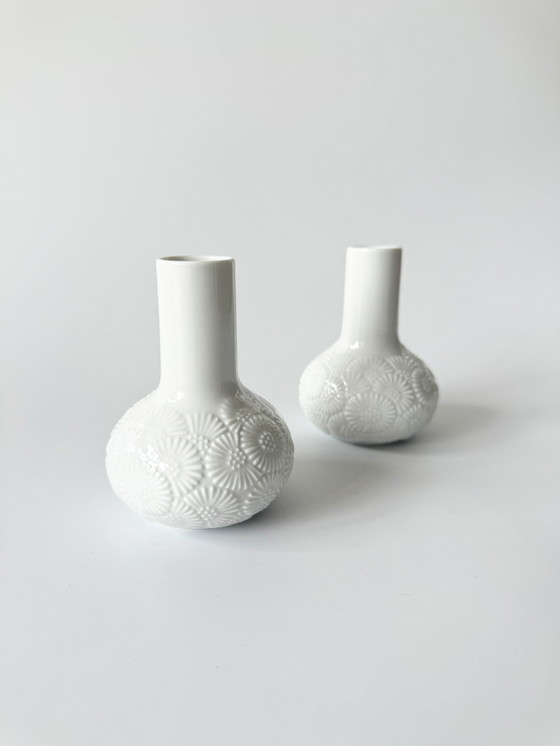 Image 1 of Thomas Vase, Set of 2, Blütenfest (Flower Festival), Porcelain, Relief Decor, Floral Relief, Rosenthal, Op Art, Mid Century Mode