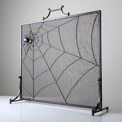 Wrought Iron Fireplace Screen with Spider Sculpture, 1970s