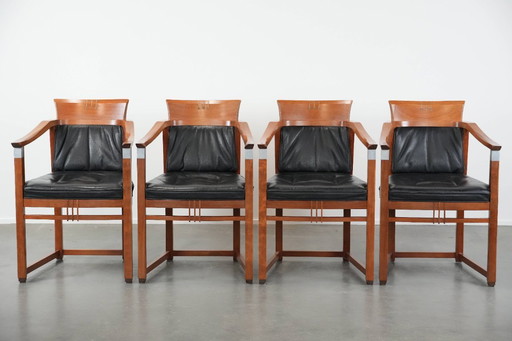 4 x Schwarze Schuitema Art-Deco-Esszimmerstühle aus Leder mit Armlehnen aus der Decoforma-Serie