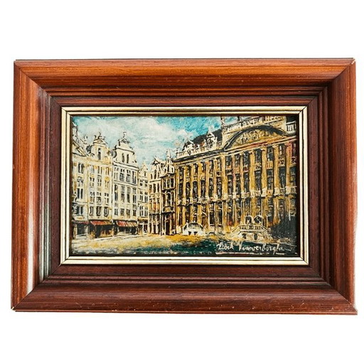 Vintage Dirk Vanoverberghe Miniature Oil Painting Grand Place Brussels 1970s – schilderijen tekeningen, Wood