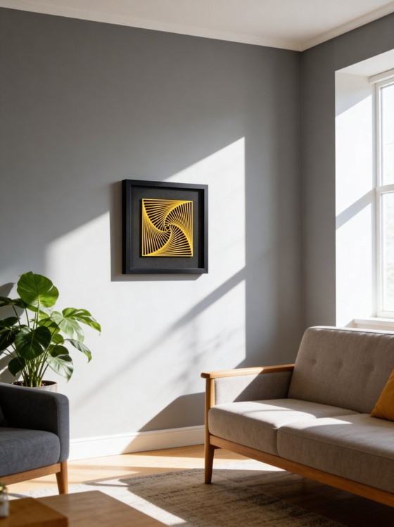 Image 1 of 3D-geprinte gele spiraalvormige wanddecoratie – geometrisch ingelijst kunstwerk, PLA-sculptuur