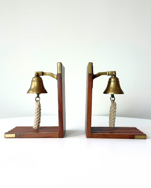 Serre-livres en teck et laiton de style nautique